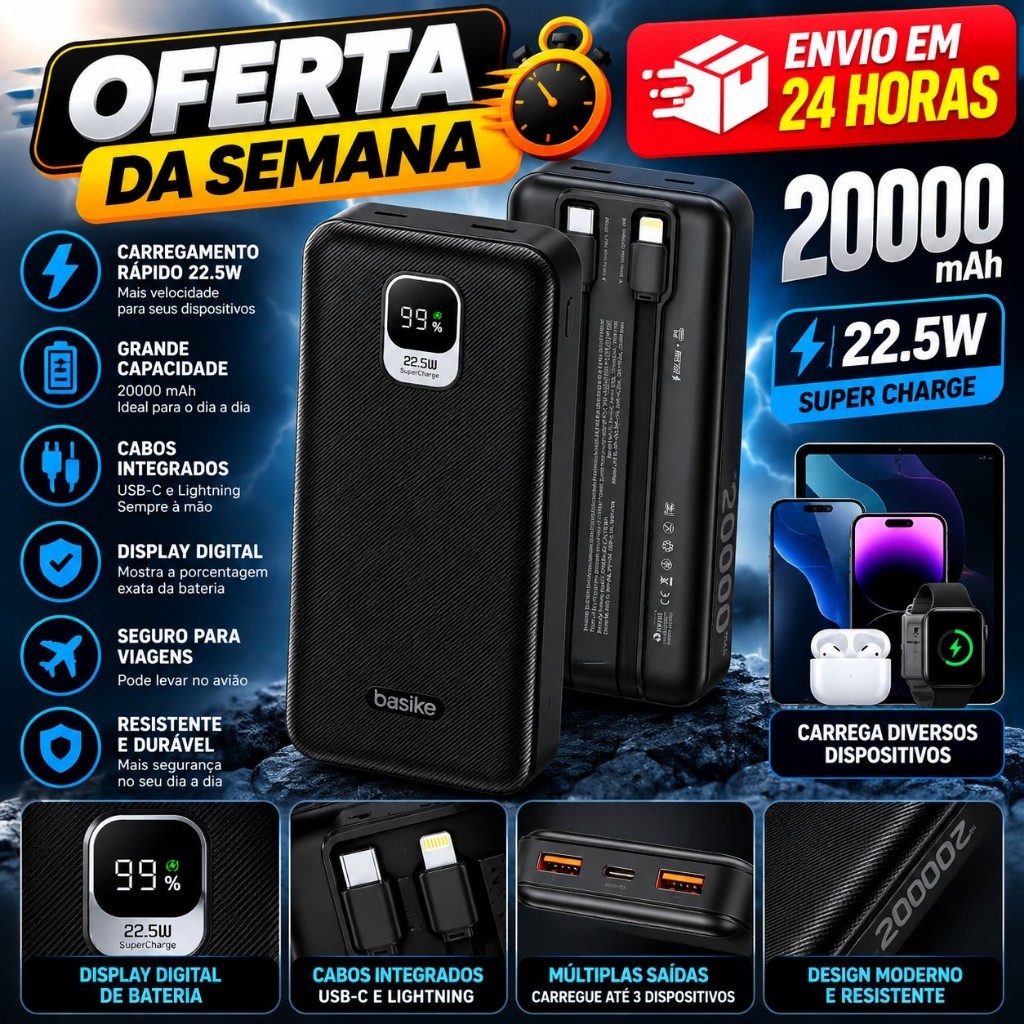 Power Bank Basike 20000mAh Preto, Carga Rápida 22.5W para iPhone e Samsung, Com Cabos Embutidos e Display