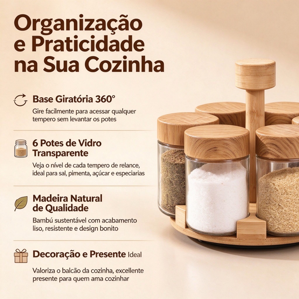 Kit 6 Potes De Vidro Porta Tempero Condimentos Com Suporte E Tampa Em Bambu Suporte Giratorio