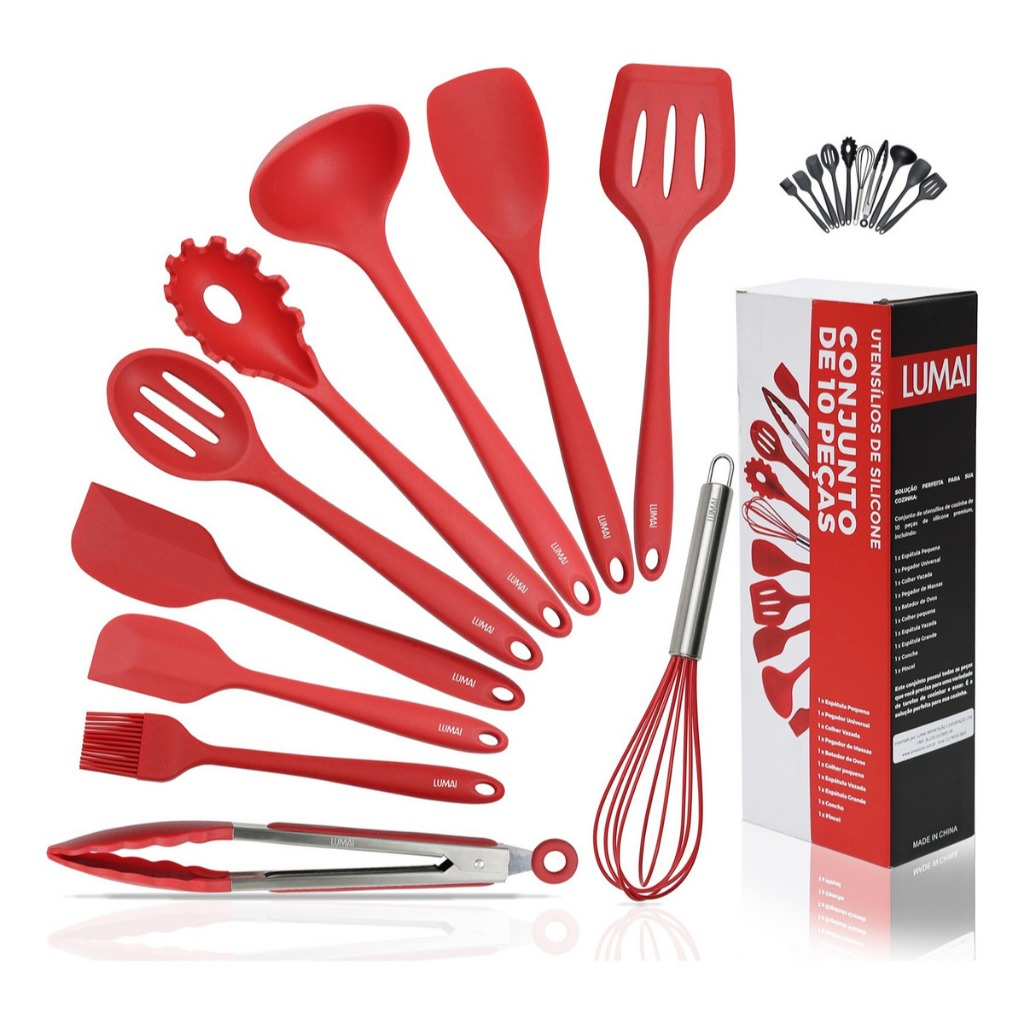 Lumai Kit 10 Utensílios de Cozinha Miami Silicone Legitimo Espátulas Colheres Concha Batedor Pegador