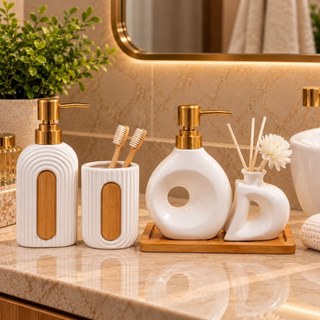 Kit Banheiro Lavabo Porta Sabonete Liquido Dispenser Porta Escova de Dente Difusor Cerâmica Luxo Branco Bambu