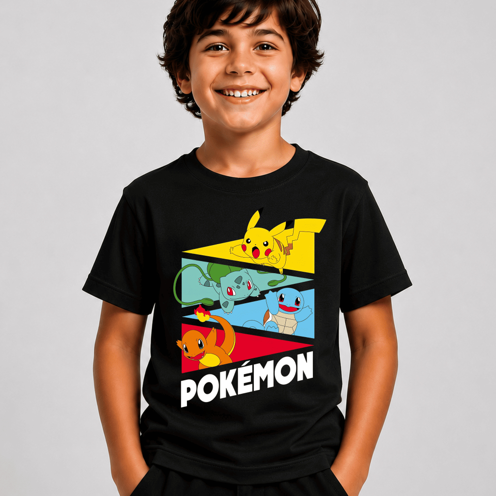 Camiseta Infantil Menino Estampada Desenho Pokémon Algodão 100% Premium Blusa Criança Casual Pikachu