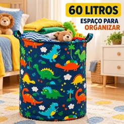 Cesto Organizador de Roupa Suja Infantil Dinossauro 60L Dobrável com Alças para Brinquedos e Lavanderia