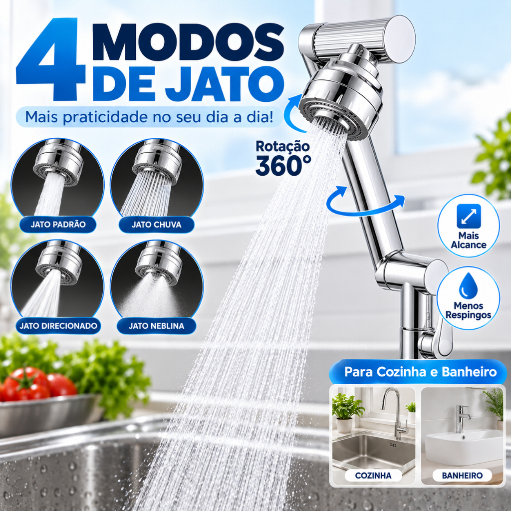Torneira Articulada 360° com Ducha 4 Modos para Cozinha e Banheiro Giratória Multiuso