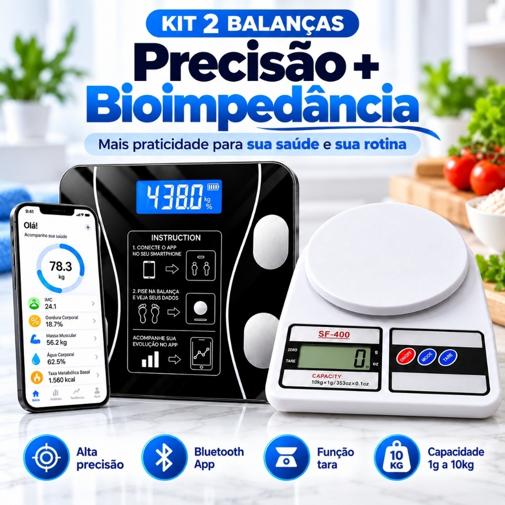 Kit 2 Balanças Digitais Cozinha 10kg + Bioimpedância Dieta Nutrição Fitness Bluetooth 180kg