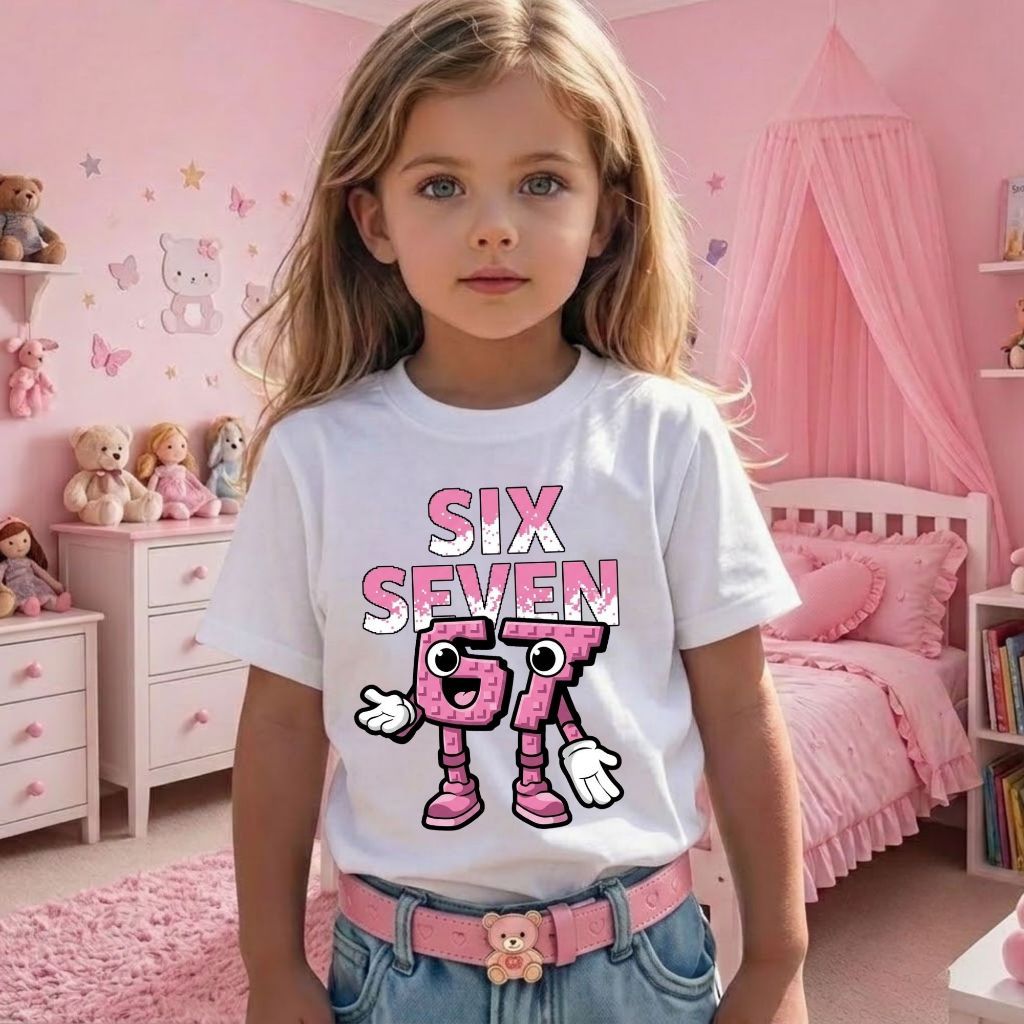 Camiseta Infantil Feminina Meme 67 Six Seven Personagens Pixel Gamer Lego Divertida Modinha