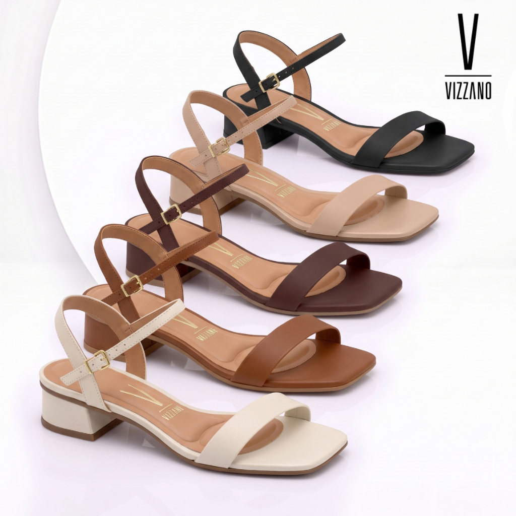 Sandália Feminina Vizzano Salto Baixo Grosso 4cm Preto Bico Quadrado Confortável Casual Original