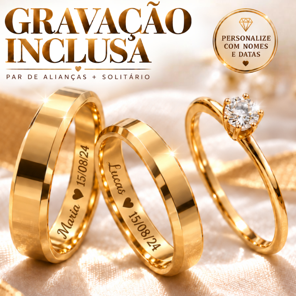 Par de Alianças com Gravação a laser com Solitário 4mm Chanfrada Dourado Noivado Casamento com Caixa