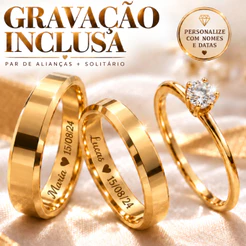 Par de Alianças com Gravação a laser com Solitário 4mm Chanfrada Dourado Noivado Casamento com Caixa