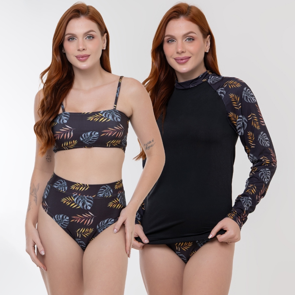 Conjunto Praia 3 peças Feminino Térmico Biquíni e Blusa UV Estampada Proteção Solar Segunda Pele 032