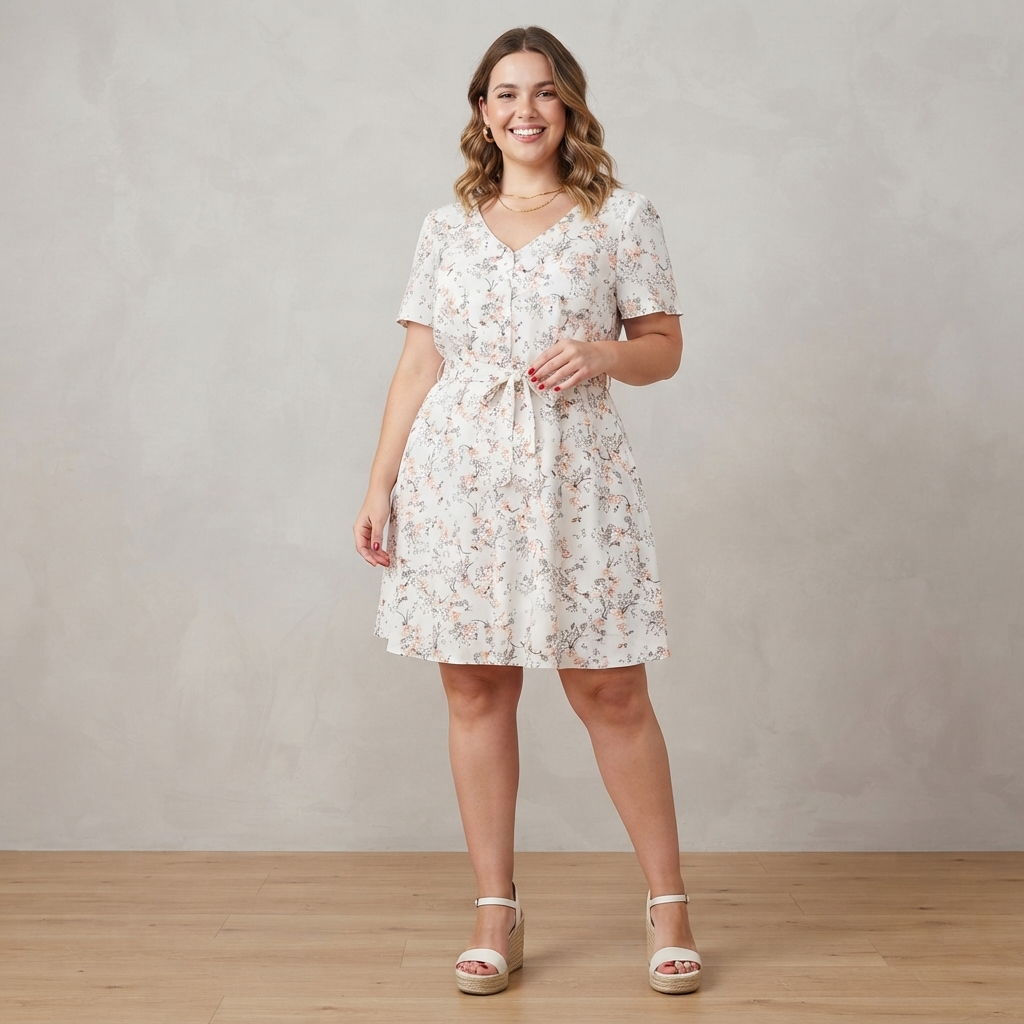 Vestido Feminino Floral Estampado Acinturado Amarração Curto Manga Curta Decote V Botões Verão Romântico