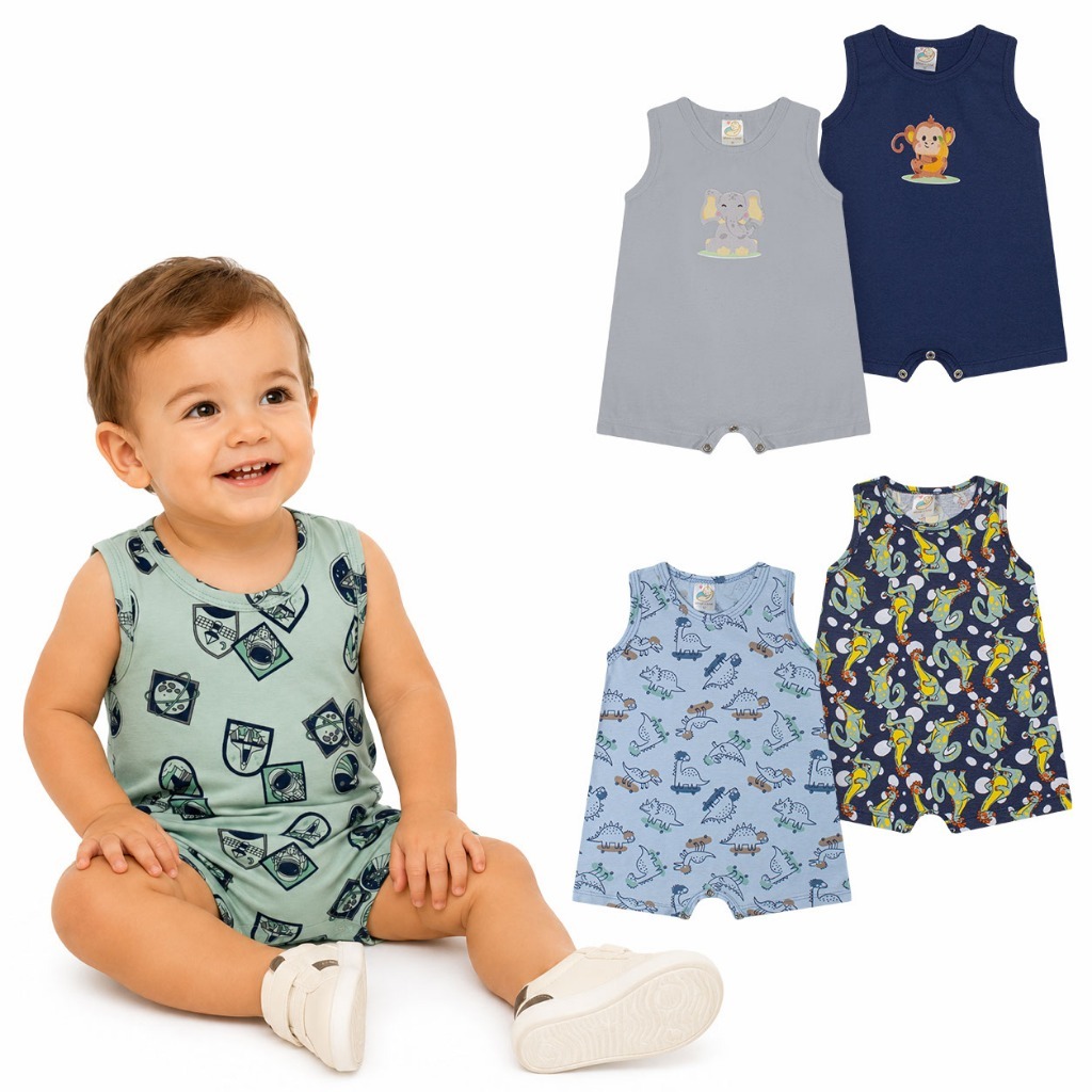 Kit Romper Infantil Regata Verão Menino Menina Curto Sortido P Ao 03