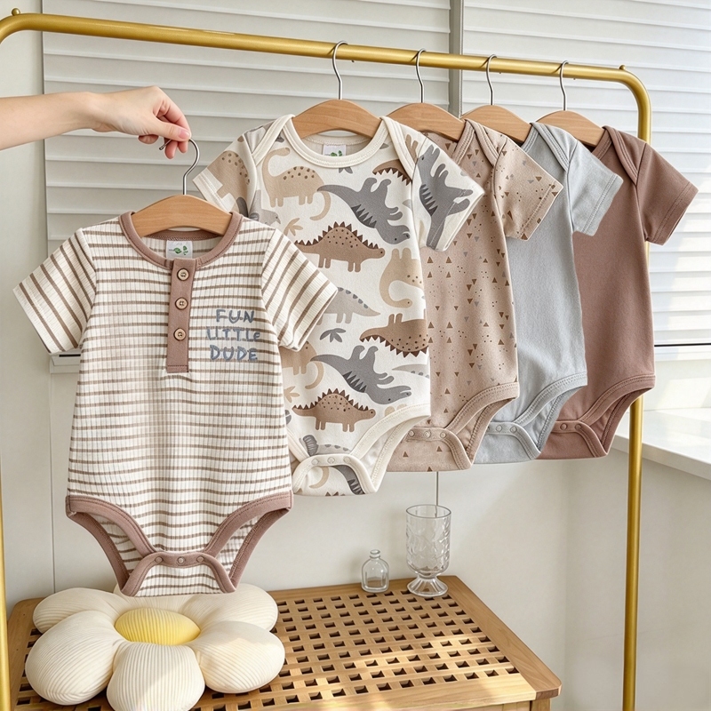 Conjunto de 5 peças de macacão para bebê algodão diversas cores disponíveis série de dinossauros listrada