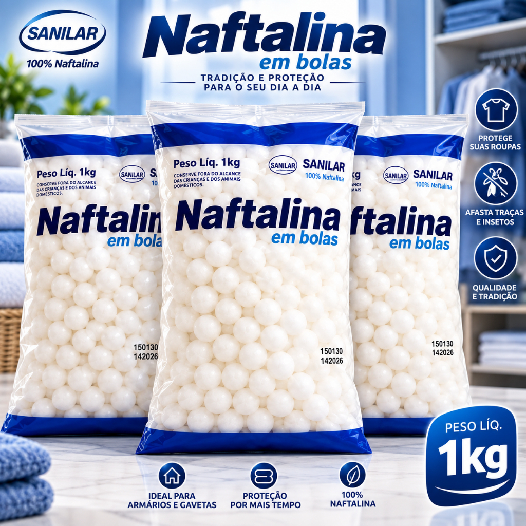 Naftalina Sanilar 1kg em Bolas 100% Pura Anti Traças para Armários Guarda-Roupa Roupas e Gavetas