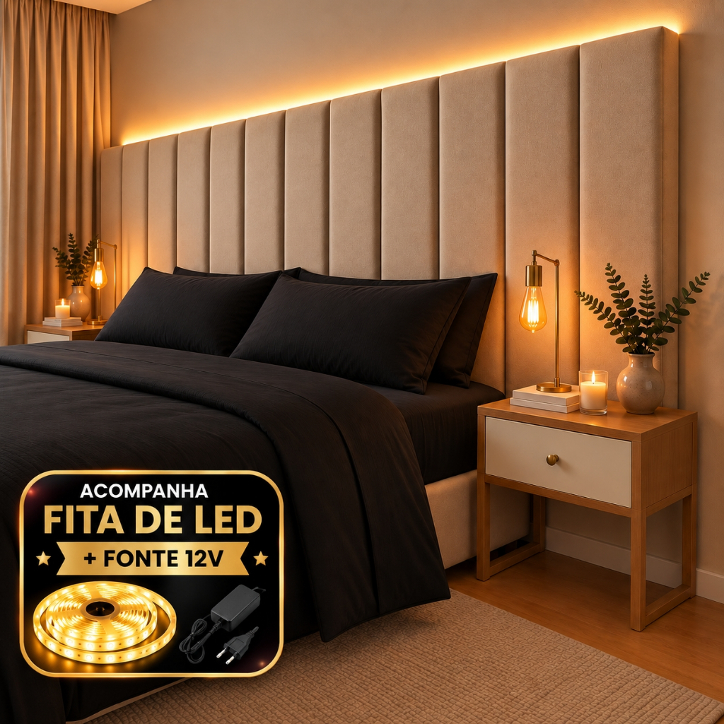 KIT Cabeceira 110x20 Cama Box Estofada Modular + LED 5m Premium | Fácil Instalação | Envio FULL 🚚