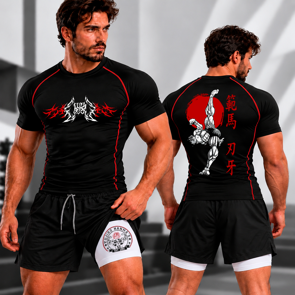 Kit Conjunto Short 2 em1 Camiseta Compressão Costura Inversa Masculina Anime Baki Hanma The Grappler Fight Gym Academia