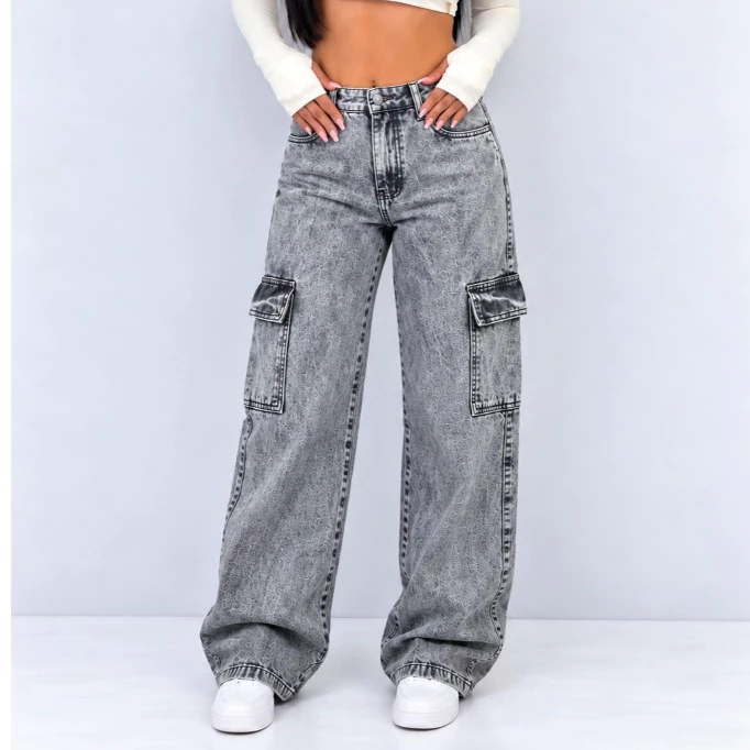 Calça Cargo Jeans Feminina Wide Leg Cintura Alta Levanta Bumbum Bolsos Laterais Modeladora Premium Tendência 2026 ENVIO — imagem 1