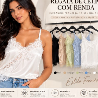 Regata Feminina de Cetim com Renda Estilo Francês Decote V Alças Ajustáveis Elegante e Sofisticada