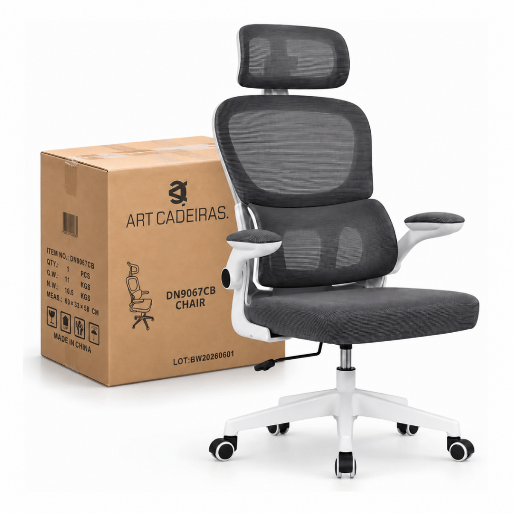 Cadeira De Escritório Ergonômica Mesh Cinza Presidente NR17 Com Apoio Lombar 150kg Braço Retrátil