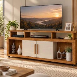 Rack para TV até 55 Polegadas Sala Moderno Prateleira 2 Portas 2 Nichos Rodinhas 135cm
