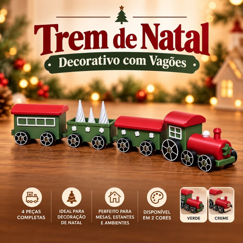 Trem de Natal Decorativo com Vagões – Locomotiva Natalina Enfeite para Decoração de Natal