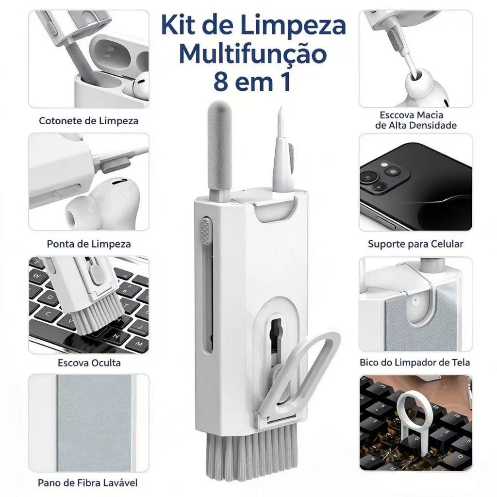 Kit de Limpeza Multifunção 8 em 1, Escova de Limpeza Prática para Fone Bluetooth, Teclado e Celular