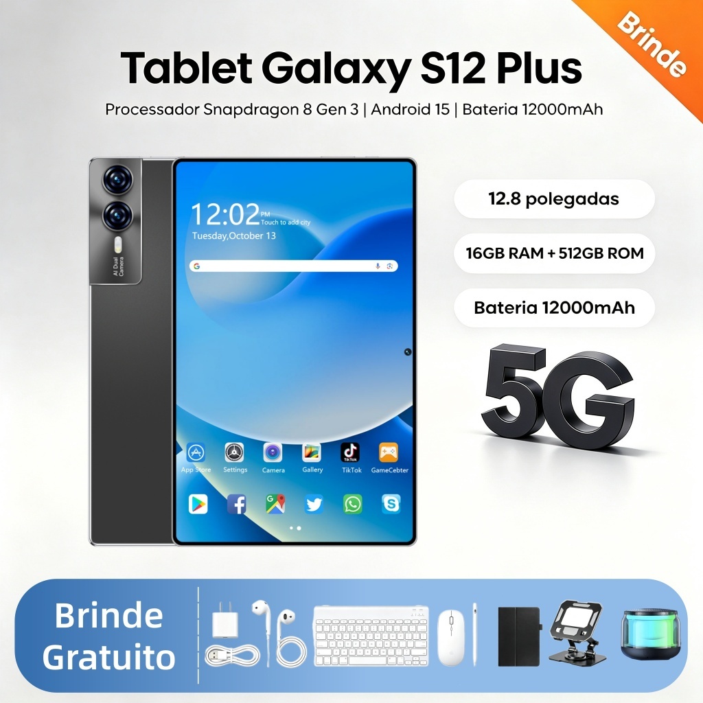 【Teclado e mouse gratuitos】Tablet Galaxy S12 Plus, 12,8 polegadas, 16 GB + 512 GB, 12000 mAh, alta taxa de atualização