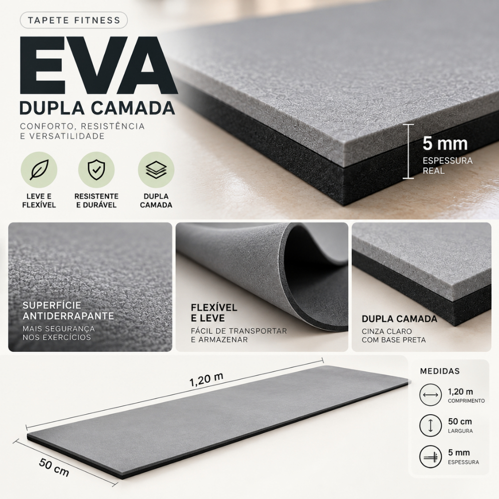 Tapete Fitness EVA Premium Dupla Camada 1,20x50cm 5mm | Academia, Yoga, Exercícios e Alongamento