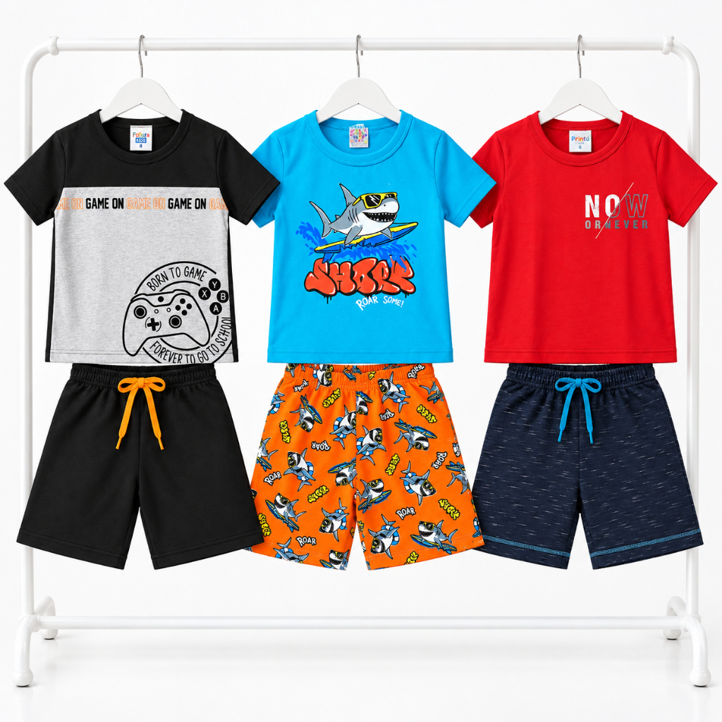 Kit 3 Conjuntos de Verão Infantil Menino Camisas Algodão + Bermudas Moletinho Estampas Sortidas 1 a 16 Anos