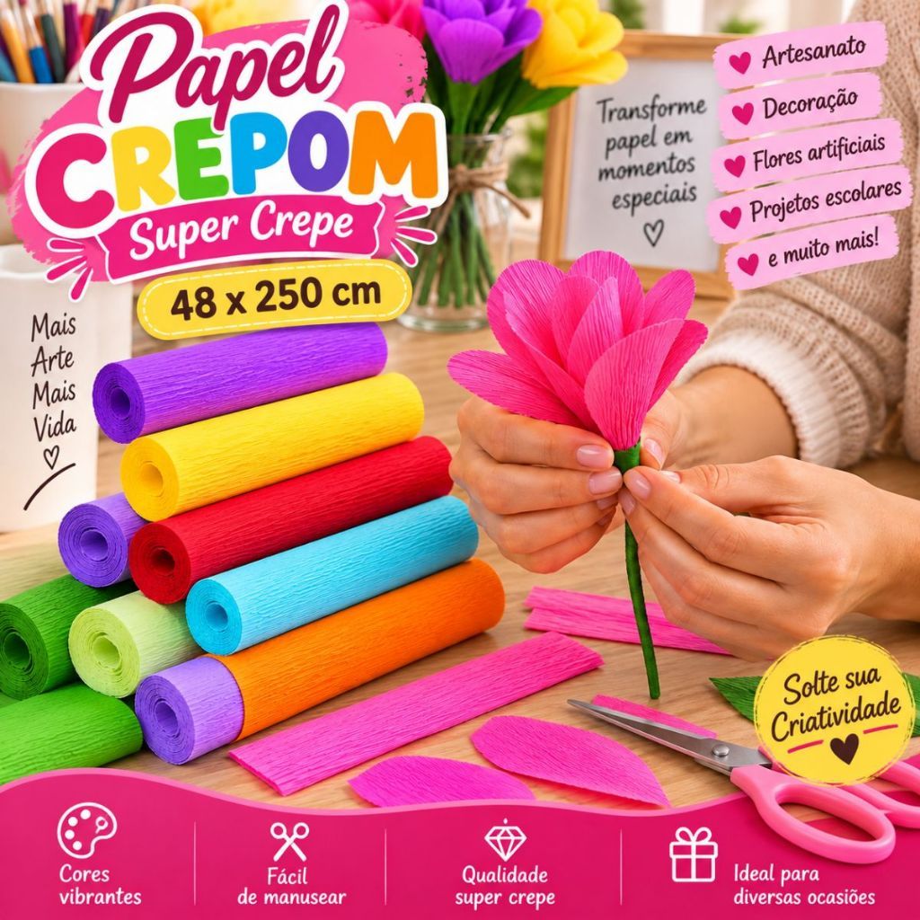 Papel Crepom Super Crepe Tipo Italiano 48x250cm Crepom Grosso Aspero Super Escolar Artesanato