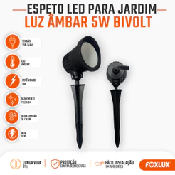 Espeto LED Jardim Foxlux 5W Luz Âmbar IP65 Bivolt para Paisagismo Árvores Jardins Fachadas