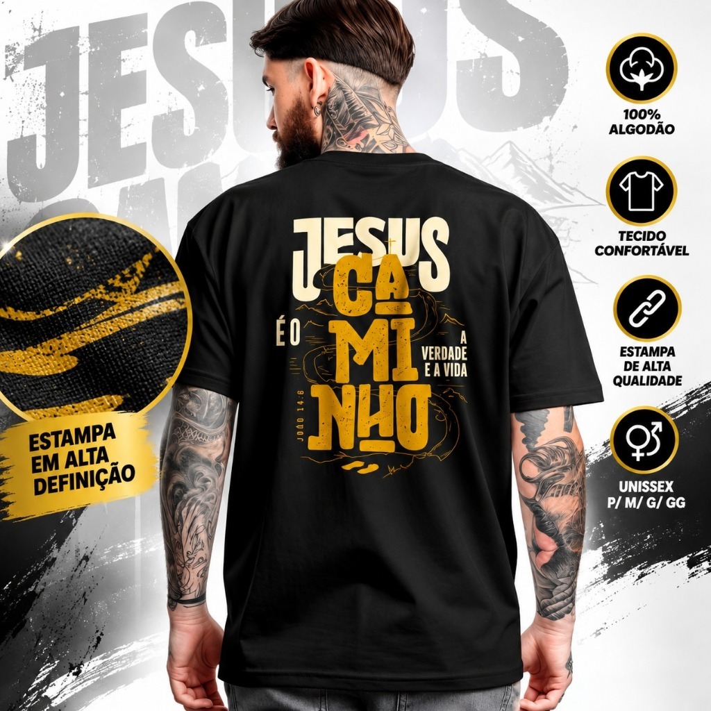 Camiseta Cristã Jesus É o Caminho Masculina Feminina 100% Algodão Gospel Evangélica Estampada Streetwear