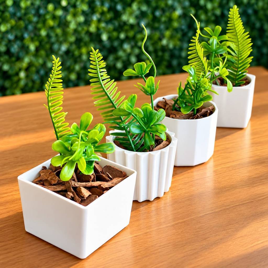 Kit 4 Mini Vasos Decorativos - Cor e Plantas Artificiais Aleatórias