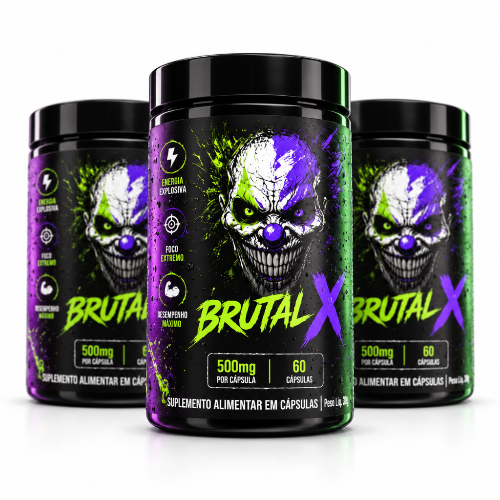 Brutal X + Energia Pré Treino Pré Workout Ganho Massa | Cafeína + L-Teanina + Guaraná + Magnésio - 60 Cáps