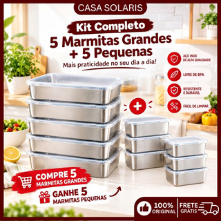 Kit 10 Recipientes Inox com Tampa 5 Grandes + 5 Pequenos para Alimentos