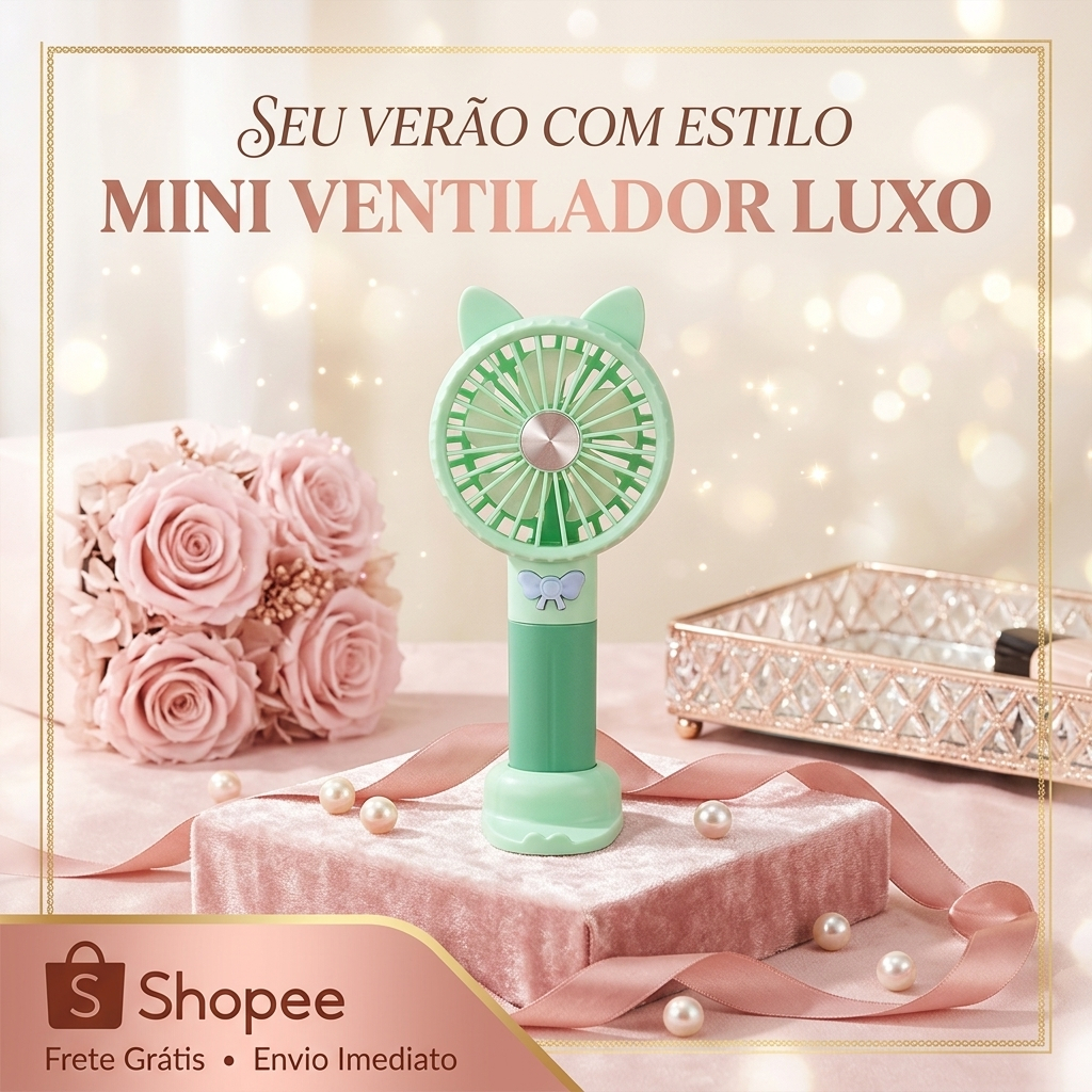 Mini Ventilador Portátil Gatinho USB Recarregável 3 Velocidades para Mesa e Mão