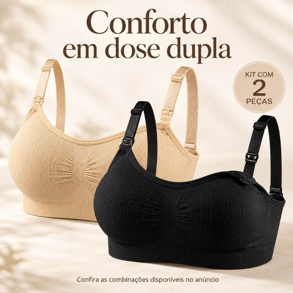 Kit 2 Sutiãs de Amamentação Bojo Removível Reforçado Gestantes Maternidade Sem Aro Alças Ajustáveis Conforto Sustentação