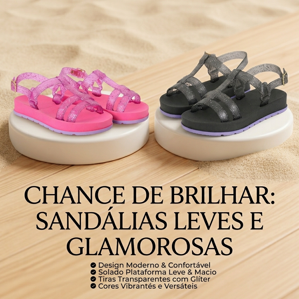 Sandália Plataforma Infantil / Feminina Transparente com Brilho Glíter Leve e Confortável Papete