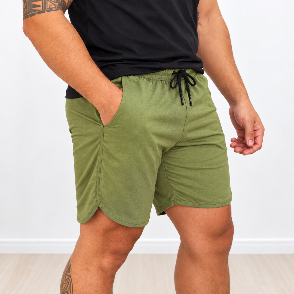 Short Masculino Verde Militar De Academia Corte V Em Tactel Com Elastano Premium | Conforto