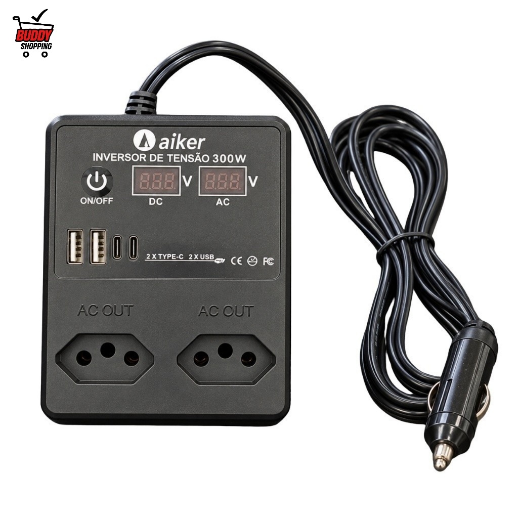 Inversor Veicular Aiker AIN1202 12V 300W 110V 220V 2 Tomadas USB Tipo-C Plugue 12V Carro