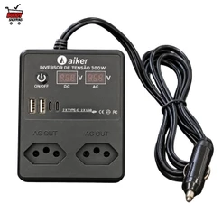 Inversor Veicular Aiker AIN1202 12V 300W 110V 220V 2 Tomadas USB Tipo-C Plugue 12V Carro