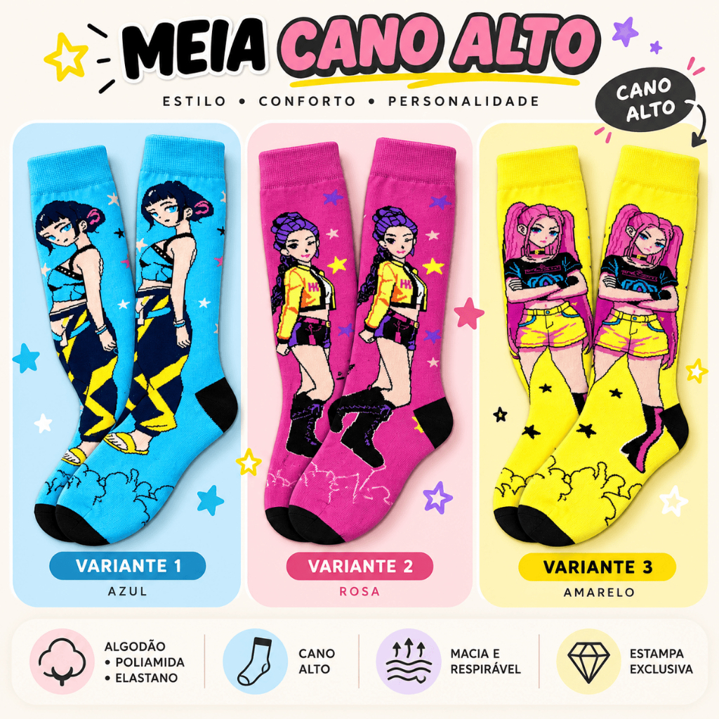 Meias KPOP Guerreiras Estampadas Coloridas Para Fãs de Dorama