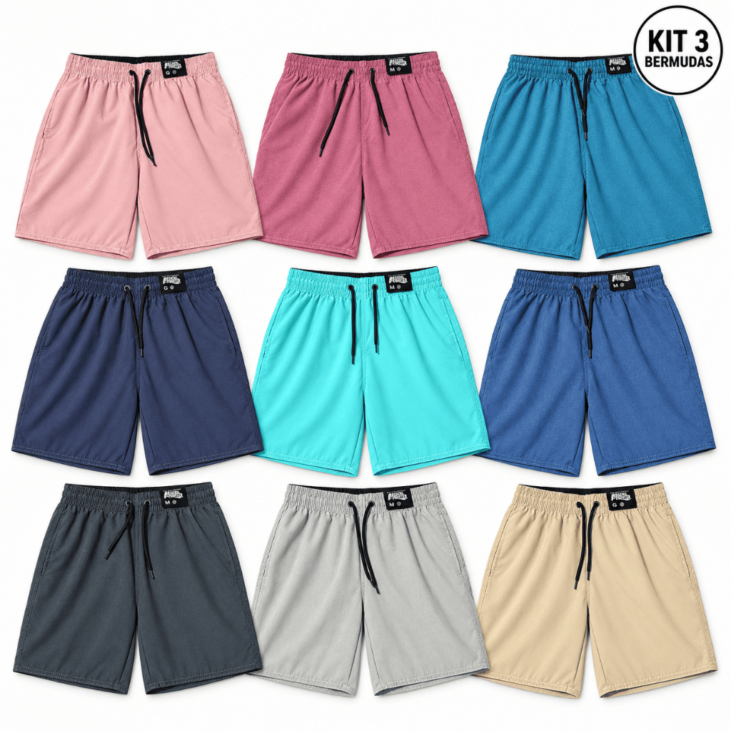 KIT 3 Shorts Masculino Microfibra com Elastano cores mesclas Beach Fighter Academia Praia Esporte Treino Bolsos