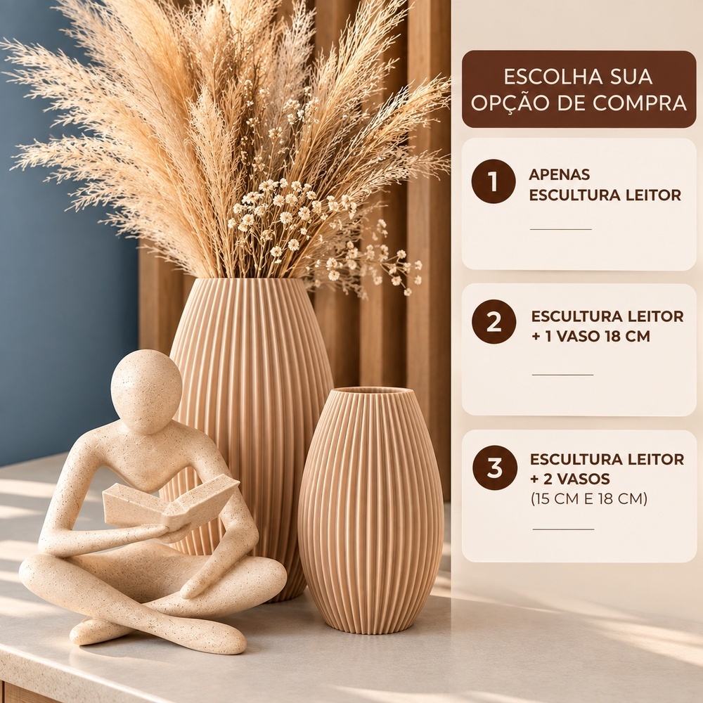 Escultura Leitor com Opção de 1 ou 2 Vasos Kit Decoração Sala Moderna