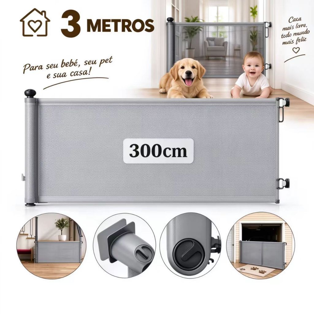 Portão Retrátil de Segurança 3m para Bebês e Pets, Grade Tela 86cm com Trava, 2 Formas de Instalação