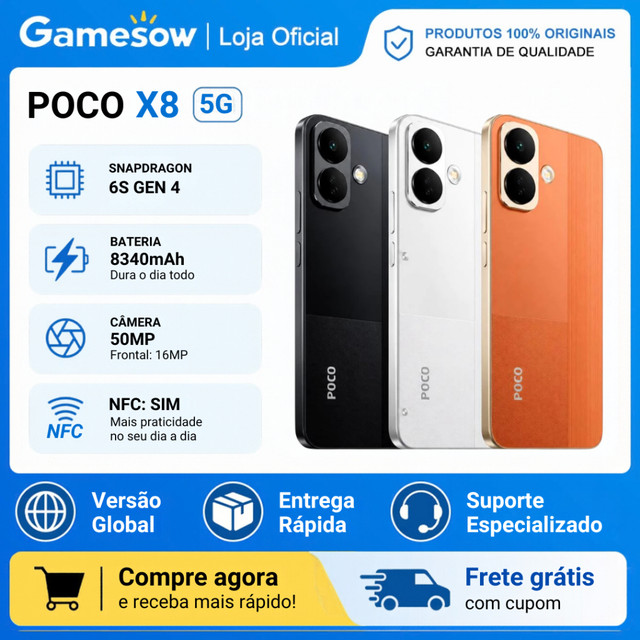 Xiaomi Poco X8 5G, Versão Global, Snapdragon 6s 4 Gen, Bateria 8340 mAh, Câmera 50MP 256GB e 8-12GB RAM