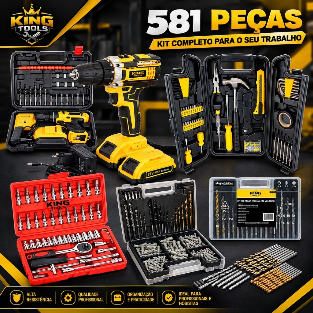 Kit Ferramentas 581 Peças + Parafusadeira 48V Sem Fio Completa + Jogo de Brocas Bits Soquetes 46 Peças Profissional