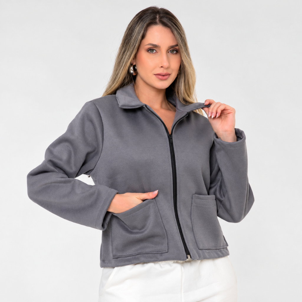 Jaqueta Feminina Lã Batida Manga Longa com Zíper Bolsos Gola Casaco de Inverno Elegante