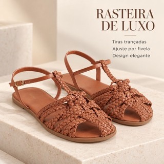 Rasteira Feminina Fisherman Sandal em Material Soft com Tiras Trançadas, Solado de Borracha e Fivela