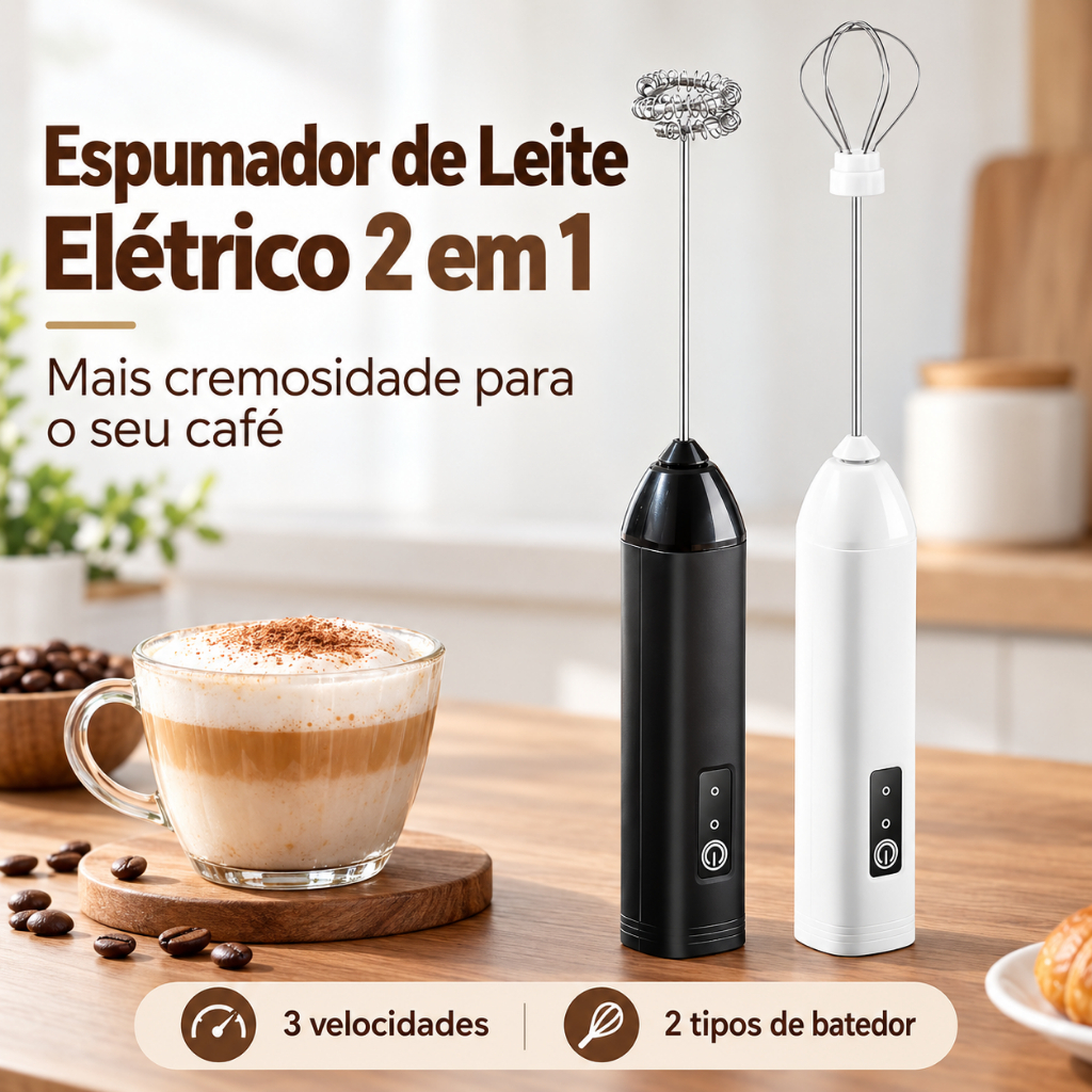 Espumador de Leite Mixer Elétrico 2 em 1 Recarregável USB-C 3 Velocidades Mini Batedor de Ovos Café Cappuccino