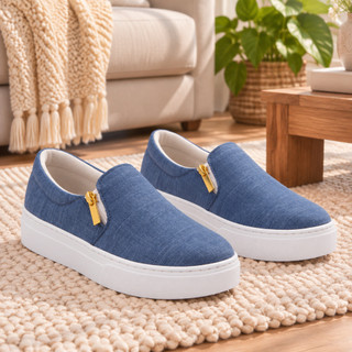 Tênis Slip On Casual Dk Use Shoes Liso com Zíper Lateral Sola Borracha Macio Para Mães Senhoras